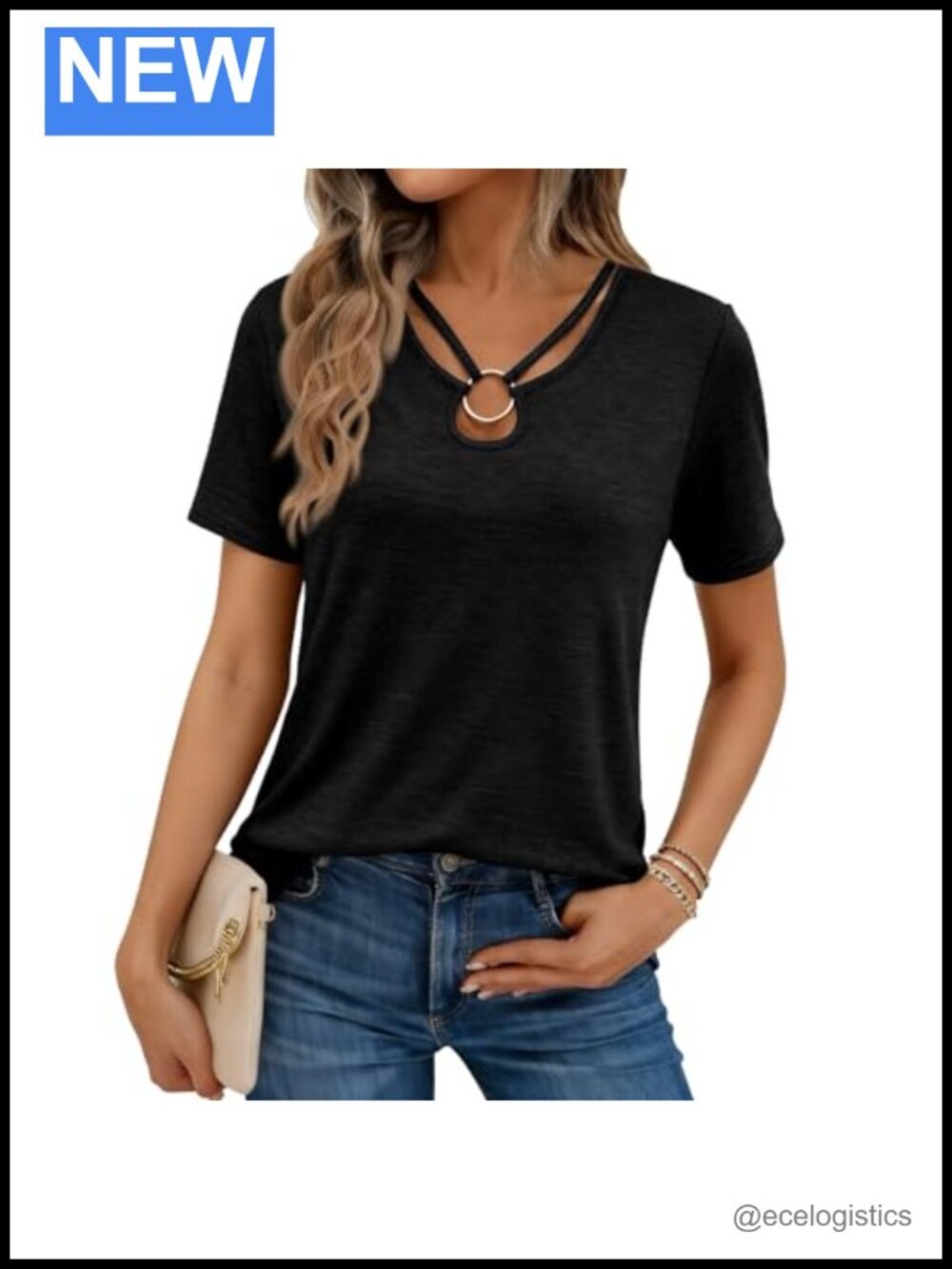 Sexy Cutout Keyhole Neck Short Sleeve T-Shirt with Silver Metal Ring - Casual